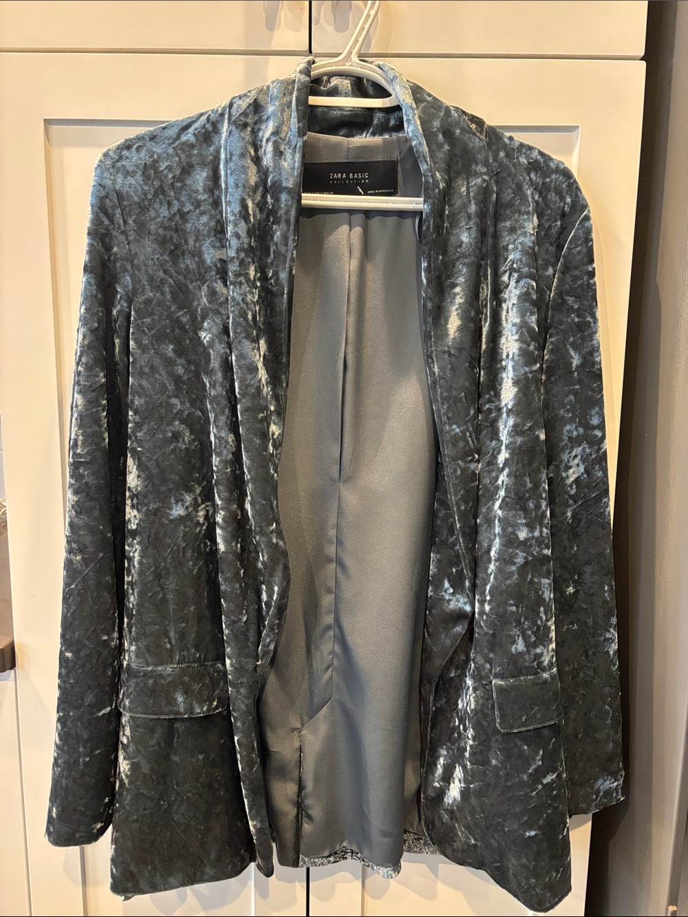 Zara Crushed Velvet Open-Front Blazer in Slate Gray